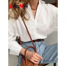 코발트 블루 셔츠 파란색 블라우스 남방 난방 화이트 용 오버 사이즈 코튼 가을 카키 기본 탑 칼라 아름다운 빈티지 2023