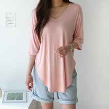 데일리앤 5부소매 레이온 반팔 브이넥 언발란스 티셔츠 루밍