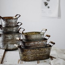 한소픈 나무 손잡이 타원 양철통 정원 소품 인테리어용품 화분통 수납함, 중