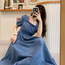 망고베이비 가을원피스 여성 퍼프 소매 스퀘어넥원피스 롱 원피스