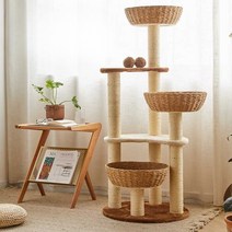 라탄 캣타워 DIY 대형 스크레쳐 캣폴 숨숨집, 손으로 짠 + 전체 마 기둥