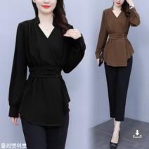 줄리엣이뽀 빅사이즈 여성 간절기 구김없는 쉬폰 허리 단추 셔링 뱃살커버 블라우스 KJK-3782