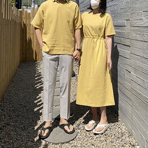 커플 시밀러룩 휴가룩 비침없는 린넨 헨리넥 반팔 셔츠 스트랩 롱 원피스 세트 4color