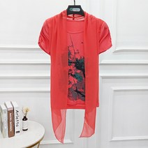 쿠가 여름 심플 단아한 라운드넥 풀오버 후드 수묵화 와이드 루즈핏 우아한 실크 패치워크 반팔셔츠 1432