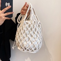 라탄 여성용 여름 밀짚 버킷 백 수제 드로스트링 비치 숄더 라피아 라탄 짠 핸드백 휴가 쇼핑백