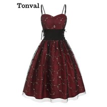 주름 원피스 Tonval 메쉬 자 수 레이스 사이드 허리 빈티지 코르 셋 드레스 여성 맞추기 플레어 파티 Pleated 레트로 캐미