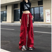 아메리칸 지퍼 빅 카고 포켓 레드 하이웨이스트 와이드 일자 조절 레깅스 카고 바지 여