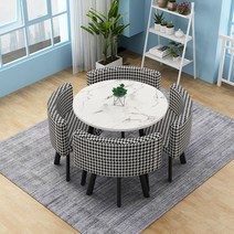 원탁 회의 테이블 의자 세트 원형 탁자 카페 학원 상담 사무실 책상 테이블 의자 세트, 마블테이블 체크 의자세트