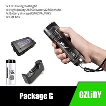 수중써치 해루질 방수 후레쉬 다이버 스쿠버 다이빙 손전등 스킨스쿠버 랜턴 전문, 패키지 g, l2화이트 t6yellow, 고정 초점