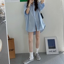 [간절기인기] 드리머 롤업 오버핏 박시 무지 반팔 여자 롱셔츠