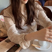 선도스토어 여성 상의 잔꽃 패턴 쉬폰 블라우스 봄나들이 2컬러 차르르 러블리