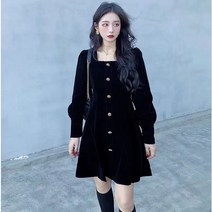 겨울 가을 무드 벨벳 스퀘어넥 디자인감각 싱글 버튼 슬림핏 뱃살커버 에이라인 원피스