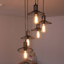 DESIGNFARM 와이드갓5등 식탁조명 인테리어 포인트조명 예쁜조명 펜던트 조명, A-6.와이드갓5등 (에디슨램프(막대형5개포함)