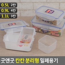FreeManner 굿앤굿 칸칸 분리형 밀폐용기 굿앤굿칸 밀폐용기 반찬통 주방용기 플라스틱용기 일반밀폐 보관용기 도시락, 1.1L (3칸)