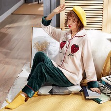 여성용 딸기처럼 투피스 겨울 수면 잠옷세트