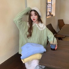 레몬 스카이 아보카도 러블리 화이트 레이스 꽈배기 스웨터 니트 GH7-12