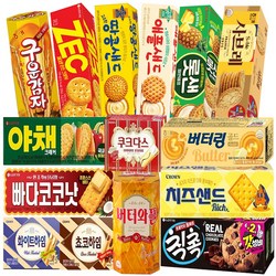 비스킷 15입 혼합세트 ( 버터링 쿠키 롯샌 빠다코코낫 야채크래커 롯데 제크 사브레 칙촉 버터와플 땅콩샌드 애플샌드 치즈샌드 쵸코 화이트 하임 크라운 쿠크다스 구운감자 ) 종합, 1세트, 비스킷 15종