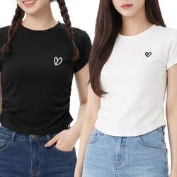 바이로이 여성 여름 모달 하트 자수 셔링 크롭 반팔티