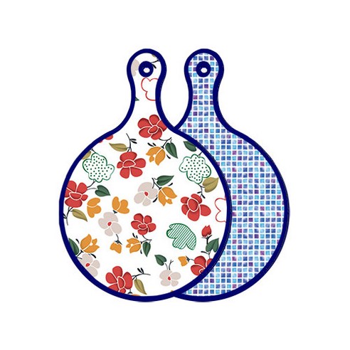 로엠디자인 블루에디션 양면 원형 서빙 도마 floral 목련 패턴, 블루타일, 1개