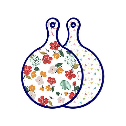 로엠디자인 블루에디션 양면 원형 서빙 도마 floral 목련 패턴, Happy삼각패턴, 1개
