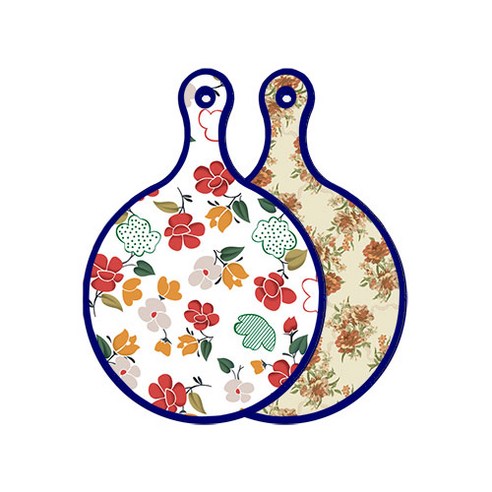 로엠디자인 블루에디션 양면 원형 서빙 도마 floral 목련 패턴, 두목색플라워, 1개