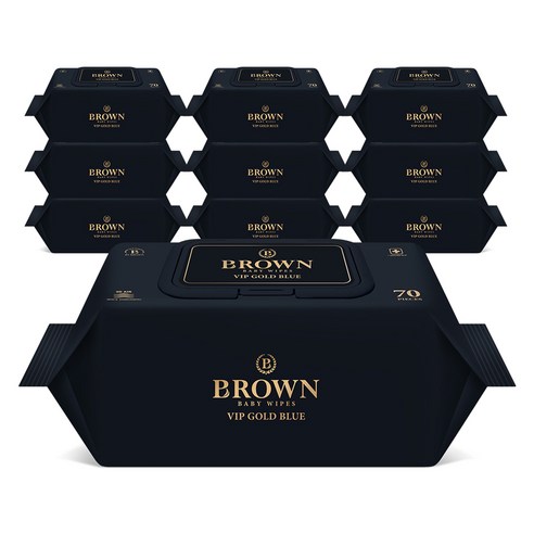 브라운 VIP 골드 블루 도톰한 엠보싱 저자극 아기 물티슈 캡형, 80g, 70매, 10개