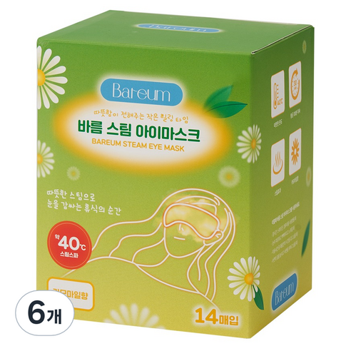 Bareum 스팀 일회용 온열 아이마스크 카모마일향, 14개입, 6개