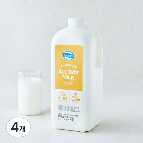 [로켓프레시] 덴마크 국내산 무항생제 인증 All Day Milk 신선한 1A등급 우유, 4개, 1.8L