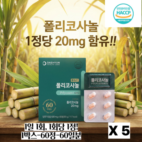 [서흥바이오팜] 대현 헬스케어 플러스 폴리코사놀 60회분 혈관 콜레스테롤 건강, 5개, 60정