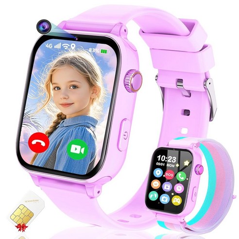 4G 스마트워치 GPS 트래커, 화상 통화 기능이 있는 스마트워치, 음성 채팅, 수업 모드, SOS , 만보계, 알람, 게임, SIM 카드 HD 터치스크린 폰워치 선물, 4-12세