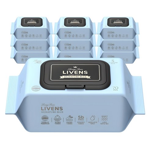 리벤스 유아용 시그니처 블루 도톰한 엠보싱 물티슈 캡형, 75g, 70매, 10개