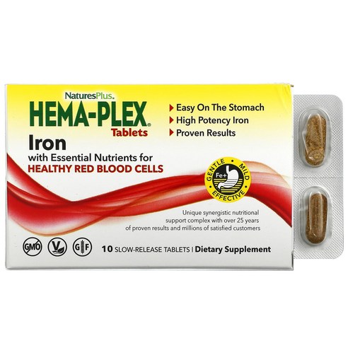 효과가좋습니다 NaturesPlus Hema-Plex 건강한 적혈구를 위한 필수 영양소와 철분 함유 서방형 정제 10정 고급영양제