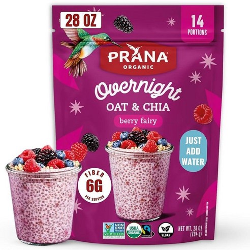 Prana 유기농 오버나이트 치아 귀리 베리 요정 | 풍부한 섬유질 및 단백질, 비건, GMO 프리 바로 먹을 수 있는 아침 식사 - 793.8g28온스 백 1팩 149252