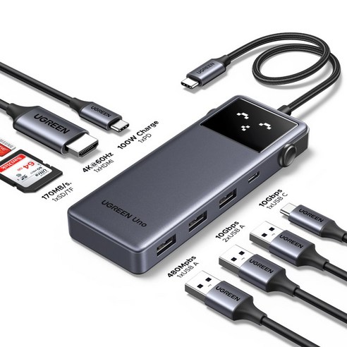 UGREEN 유그린 Uno 8포트 USB3.2 C타입 멀티허브 삼성덱스 맥북 호환 |10Gbps| HDMI2.0 4K60Hz| PD100W| sd카드 리더기|스마트 상태 이모티콘, 1개, Grey