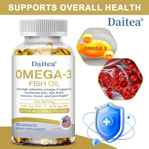 오메가-3 오메가-3 캡슐 - 초고강도 오메가-3, 1125mg EPA, 875mg DHA - 눈, 뇌, 면역, 정서, 관절 건강 지원, 1개, 60회분