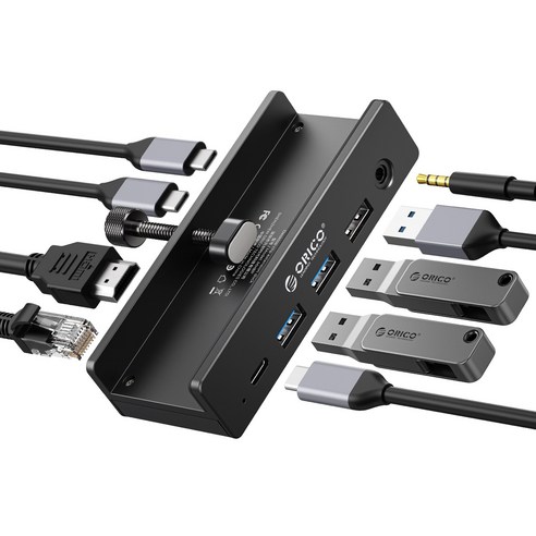 오리코 7 in 1 C타입 10Gbps 3.5mm 오디오 RJ45 HDMI 4K@60Hz 클램프형 USB허브 MH8P, 블랙, 1개