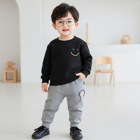 몽실이 격자엠보 스마일맨투맨 상하복세트