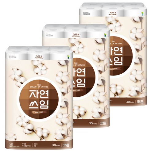더 도톰한 자연쓰임 코튼 무형광 화장지 3겹 27m 30롤 3팩 총 90롤, 30개입, 3개