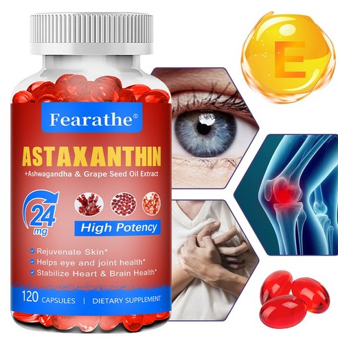 아스타잔틴 보충제 24mg, 포도씨유와 남아공 취가지 함유 - 항산화, 피부와 눈 건강 - non-GMO, 글루텐 프리, 3개, 120회분