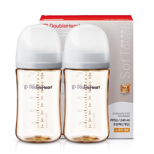 더블하트 모유실감 3세대 PPSU 노꼭지 젖병 트윈팩, 2개, 240ml, 새벽그레이