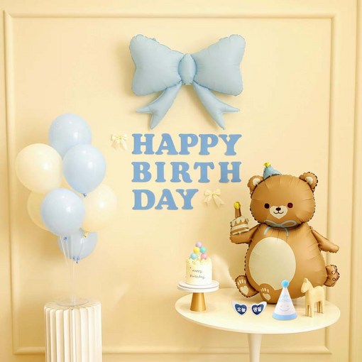 파티랑더스티 파스텔 리본 스탠드 생일파티 가랜드풍선세트, 1세트, 22피콕블루 케익곰돌이형 블루 풀옵션