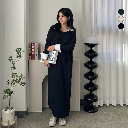 디테일웨어 여성 셔츠카라 롱원피스 임부복 신축성 좋은 긴팔원피스 홈웨어 꾸안꾸룩 링클프리 봄가을 하객룩