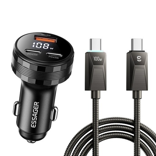 ESSAGER 동시 3대충전 듀얼 C타입USB A타입 108W 차량용 고속 충전기  C to C 충전케이블 세트, 블랙, 1세트