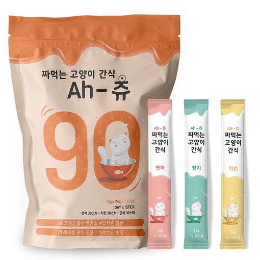 아츄 헤어볼 방지 짜먹는 고양이간식 3가지맛 90p, 1개, 1.35kg, 연어 30p  닭고기 30p  참치 30p