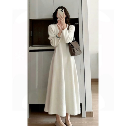 여성 긴팔 니트 롱 원피스 여성 봄 가을 U넥 니트 긴소매 순색 A라인 롱 드레스 심플한 프렌치 스타일 LCL