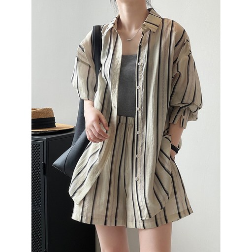 ZAJA 여성 면마 9부소매 투피스 반바지 캐주얼룩 바캉스룩 세트