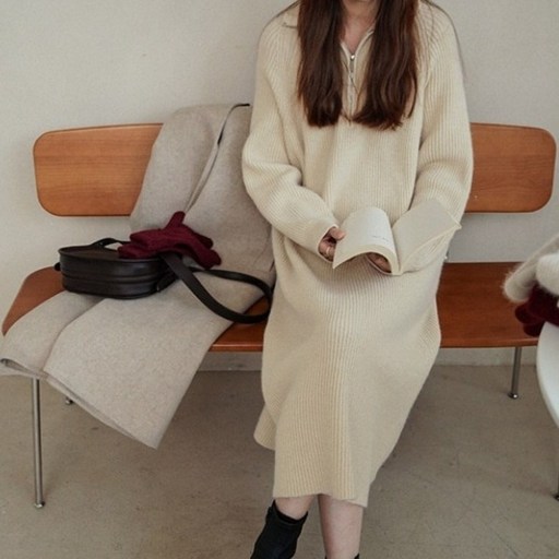 아이엠몽 여성용 코랑 빅 골지 집업 카라 롱 원피스