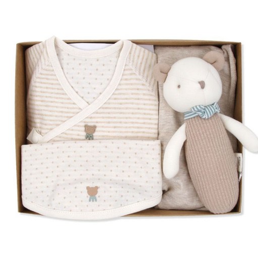 오가닉맘   임신 출산선물  22FW브로니 배내저고리턱받이스카프딸랑이 출산3종세트