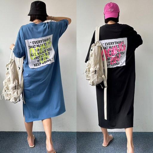 에이스토리 캐주얼 넉넉사이즈 백포인트 패치 프린팅 루즈핏 면쭈리 반팔 롱원피스