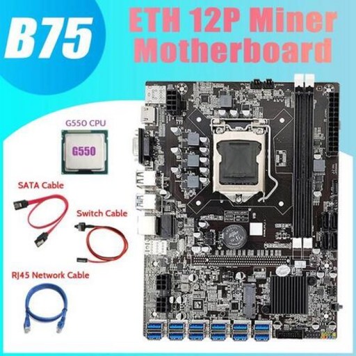 메인보드 B75 ETH 광부 마더 보드 12 PCIE To USB3.0 + G550 CPU + RJ45 네트워크 케이블 + SATA 케이블 + 스위치 케이블 LGA1155 마더 보, 한개옵션0